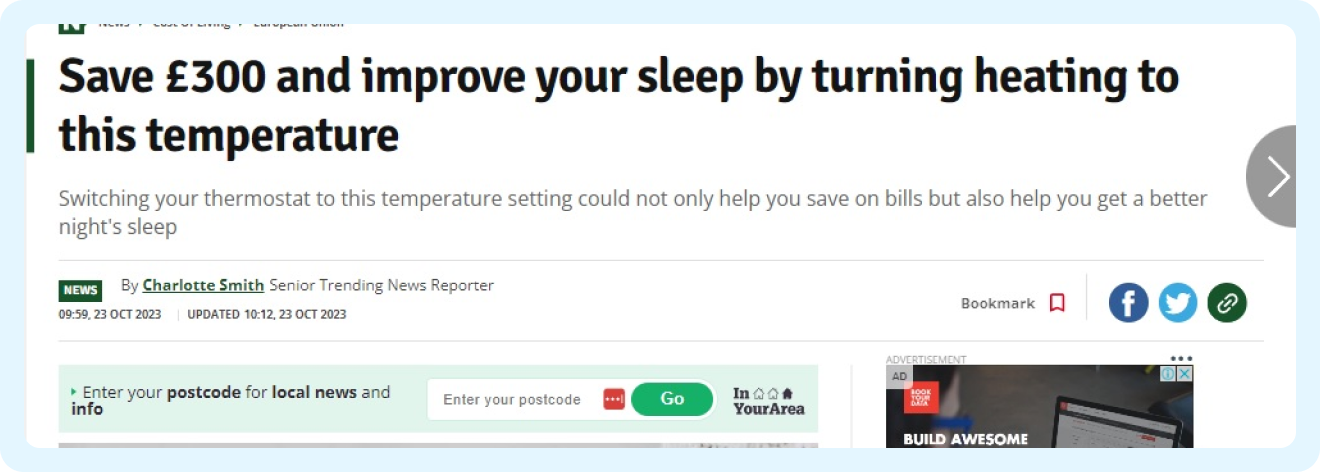 InYourArea coverage of the energy-saving sleep-temperature campaign.